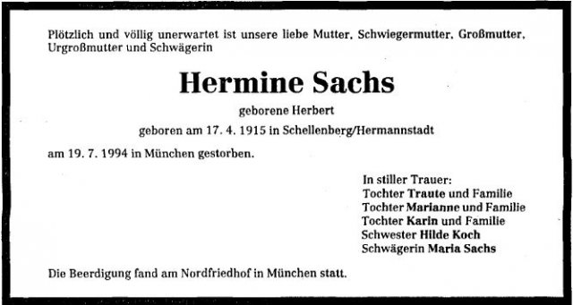 Herbert Hermine 1915-1994 Todesanzeige